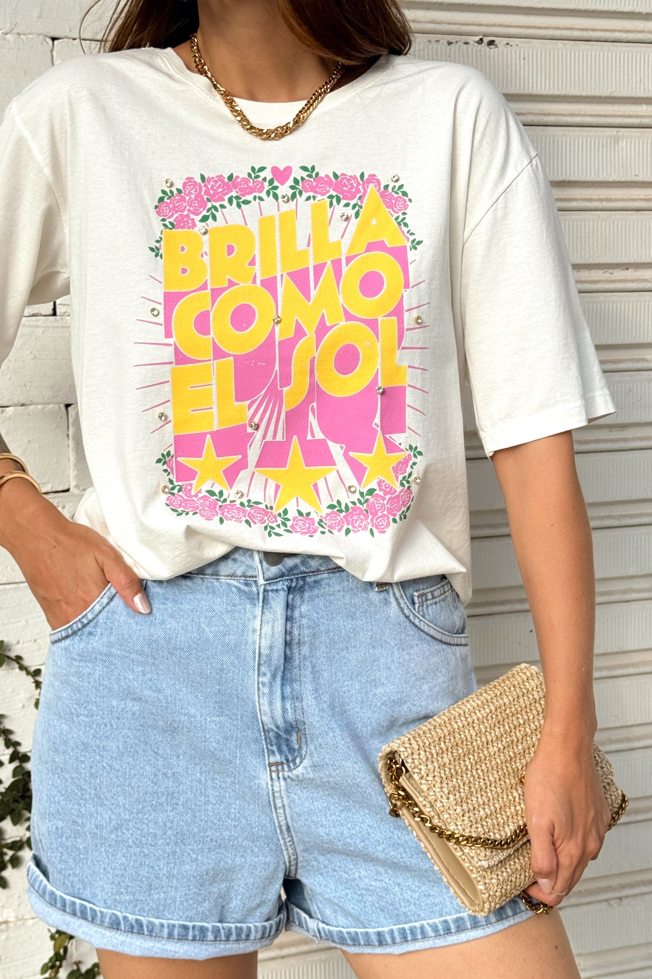 T-SHIRT ESTONADA BRILLA EL SOL (COM APLIQUE) OFF WHITE