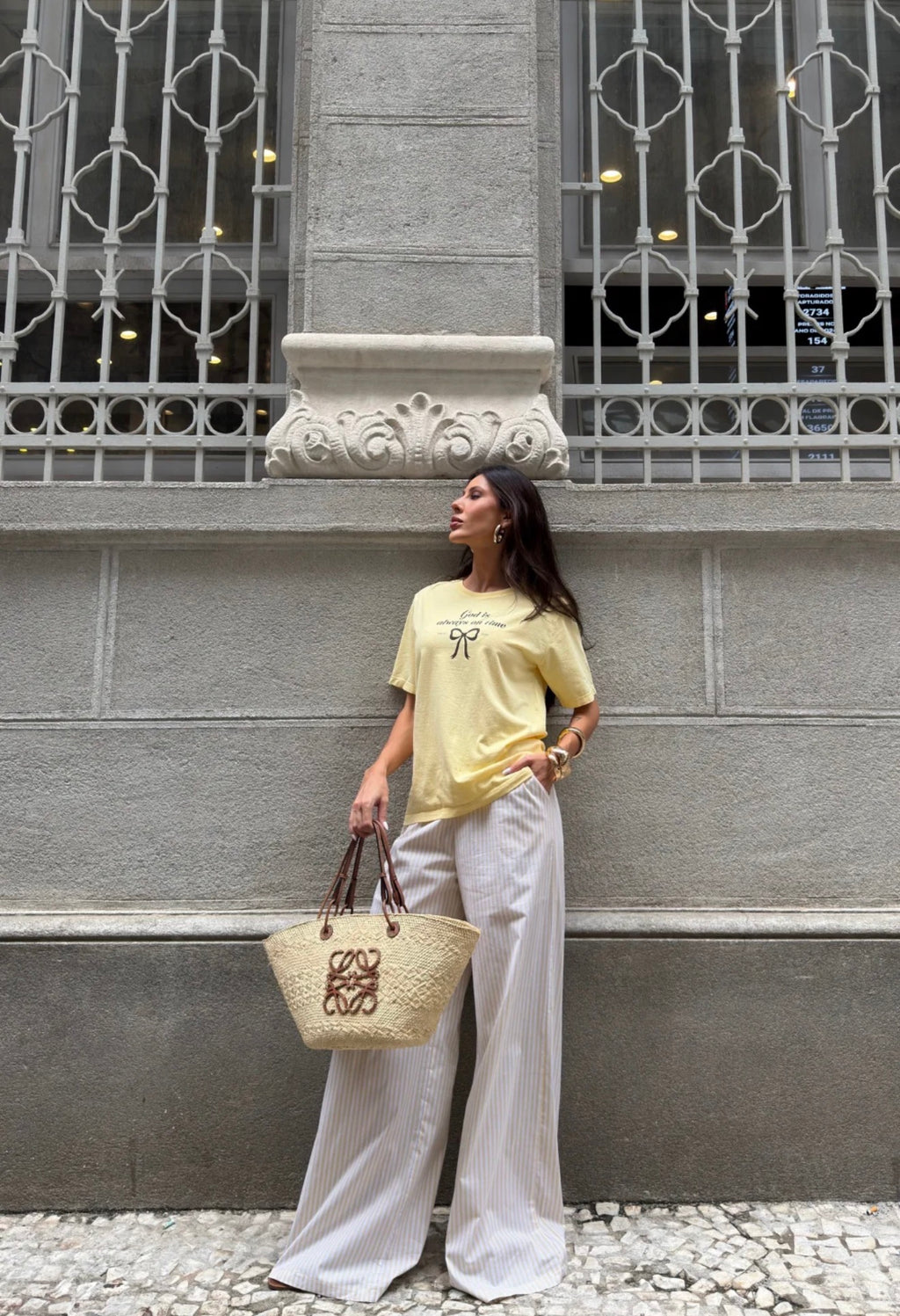 CALÇA PANTALONA LISTRADA LIA AMARELO MANTEIGA