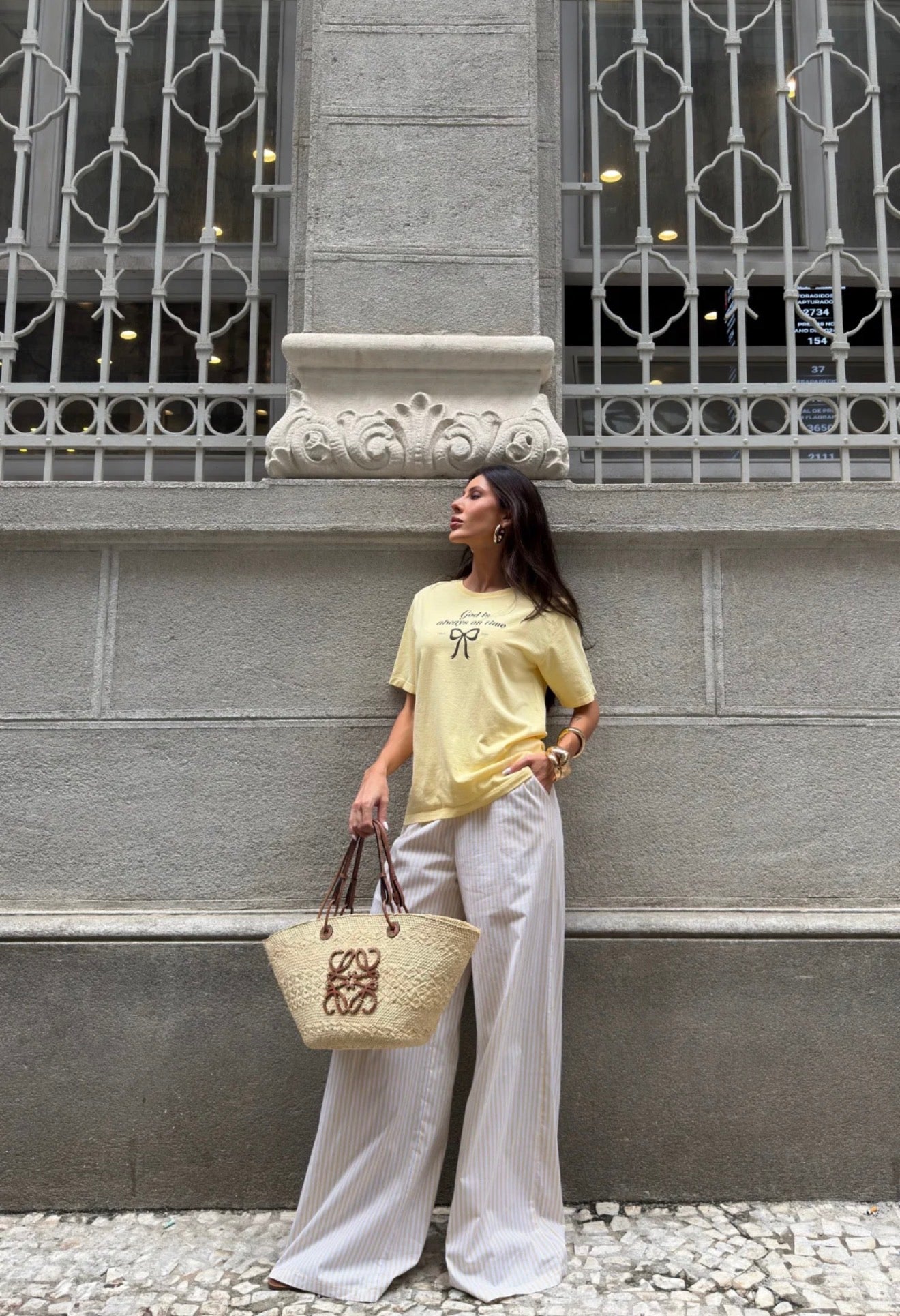 CALÇA PANTALONA LISTRADA LIA AMARELO MANTEIGA